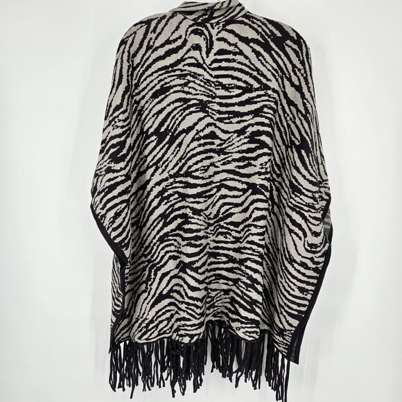Christian Siriano Poncho Women L XL Zebra Fringe Sweater Knit Pullover Zip Front - Picture 7 of 12